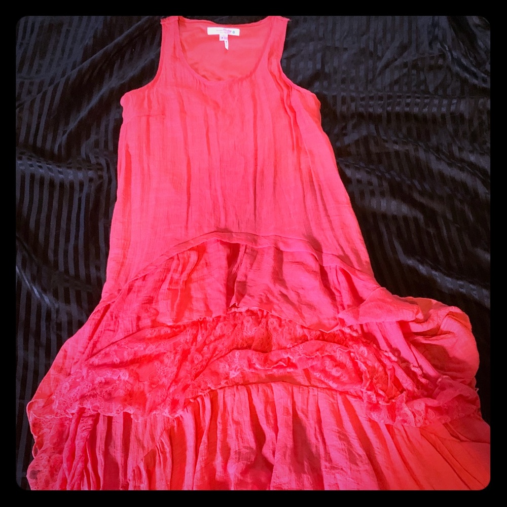 Multi layered flouncy orang/pink high low dress